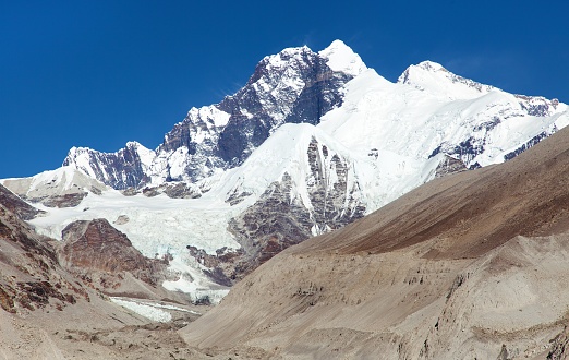 View of Everest Lhotse and Lhotse Shar from Barun valley, Nepal Himalaas mountains