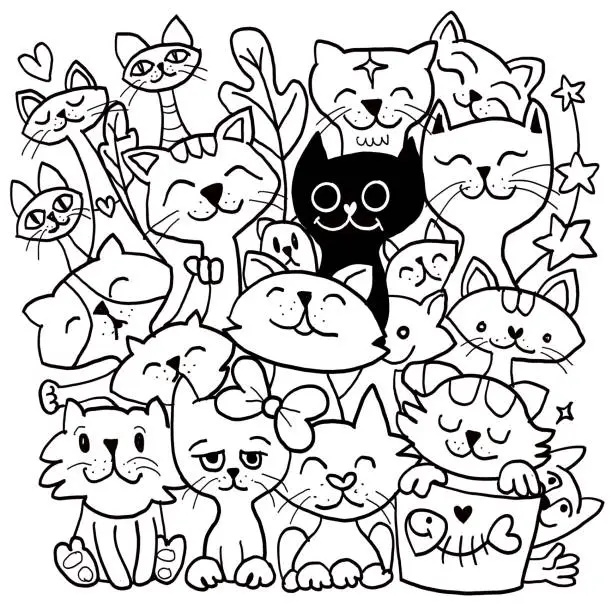 Vector illustration of Happy Cartoon Cats in a Cute Doodle Style