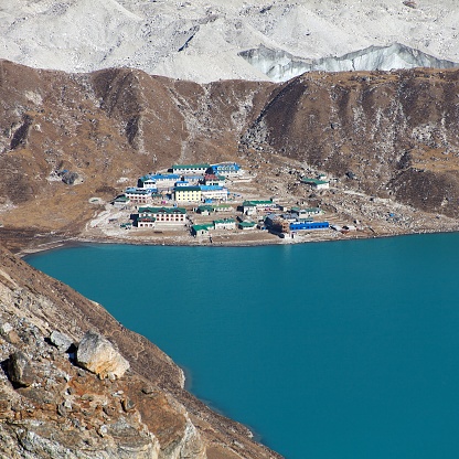 Dudh Pokhari Tso or Gokyo lake, Gokyo village, Ngozumba glacier, Khumbu valley, Three passes trekking trail, Nepal himalayas mountains