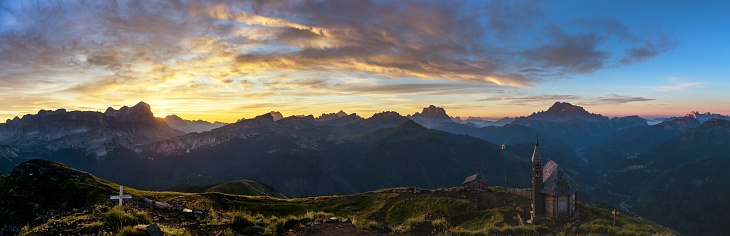 tre cime of lavaredo and mount paterno and locatelli refuge panoramic view from the above at sunrise, dolomiti , Italy