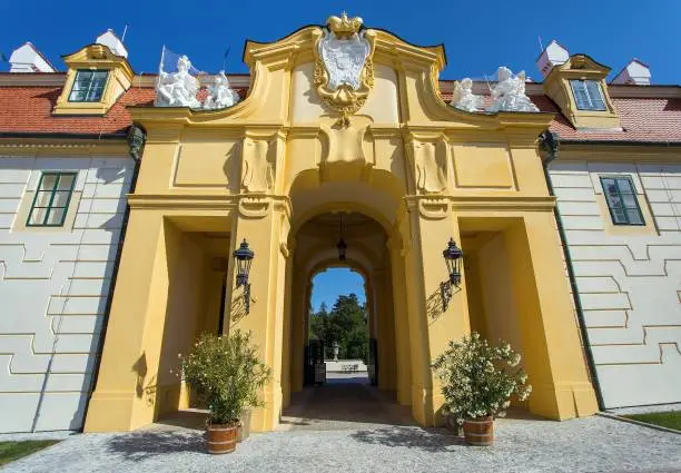 Baroque chateau in Valtice town, front view of the palace, Lednice and Valtice area, South Moravia, Czech Republic
