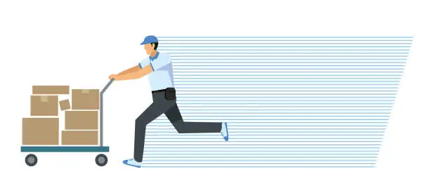 Vector illustration of Illustration of an 8th-sized Asian man carrying luggage on a trolley. Speed lines background. flat design. Image of delivery, transportation, courier, logistics.
