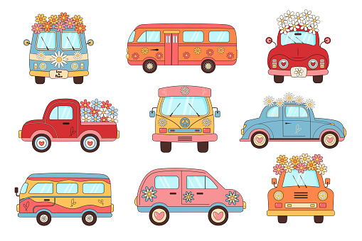 Groovy hippie vintage bus and car set. Retro travel automobiles with flowers and hearts. Love, peace, travel, adventure, hippie culture concept.