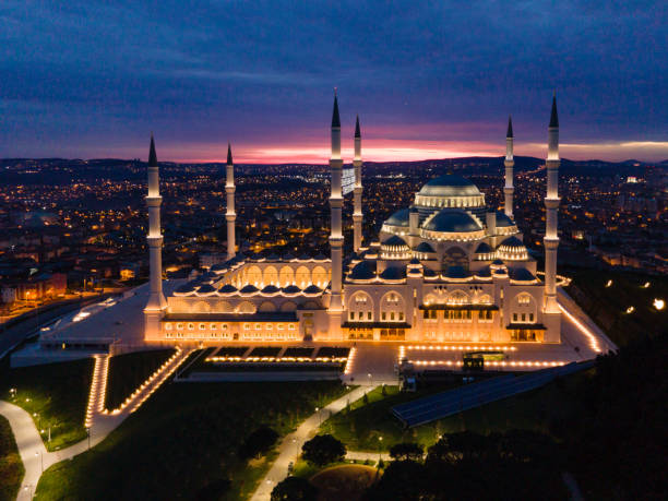 istock Happy Ramadan Feast Text in the Camlica Mosque, Illuminated Letters Between Minarets (Mahya) Drone Photo, Camlica Hill Uskudar, Istanbul Turkiye (Turkey) 2092800818