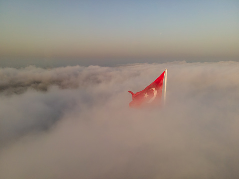 Turkish Flag in the Sunset Drone Video, July 15 Martyrs Bridge and Camlica Hill Uskudar, Istanbul Turkey