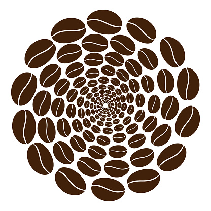 Abstract texture in the shape of a circle made of coffee beans of different sizes moving in a spiral. Greetings or cards design concept. Isolate. EPS. Vector for posters, banners, billboards or web