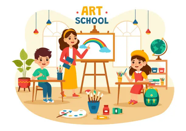 Vector illustration of Art School Vector Illustration with Kids of Painting with Live Model or Object using Tools and Equipment in Flat Cartoon Background Design
