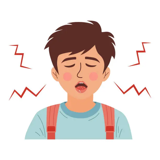 Vector illustration of Child with stomatitis in mouth. Diseases of oral cavity. Candidiasis in boy. Mouth ulcer, inflammation of the oral mucosa.