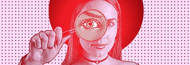 istock Young woman holding magnifying glass with large eye 2092930631