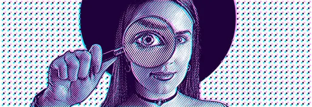 Vector illustration of Young woman holding magnifying glass with Glitch Technique