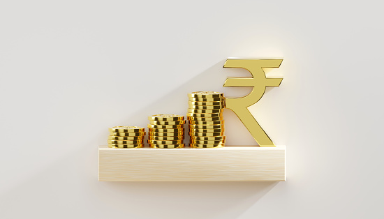 3D rendering Indian Rupee sign, indian rupee sign and stacking golden coin, Financial and banking about house concept, Investment and financial success concept background.