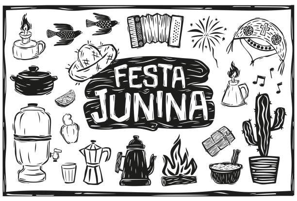 festa junina ikonen, são joão. feuerwerk, fahnen, luftballon, lagerfeuer, strohhut, akkordeon. brasilianischer holzschnitt im cordel-stil. - brasilianische kultur stock-grafiken, -clipart, -cartoons und -symbole