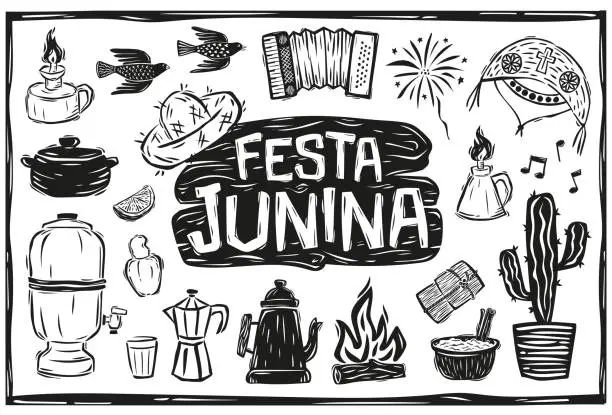 Vector illustration of Festa Junina icons, São João. fireworks, flags, balloon, bonfire, straw hat, accordion. Brazilian cordel style woodcut.