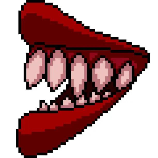 Vector illustration of pixel art of vampire mouth fang