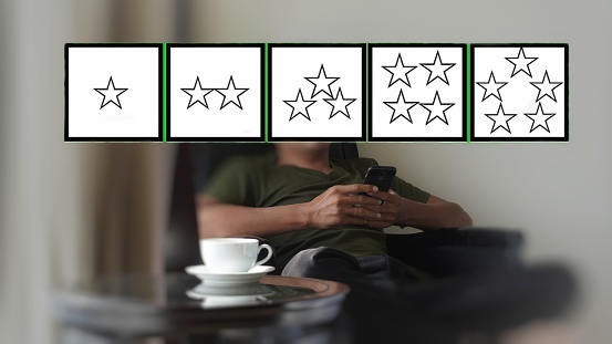 Business ratings poor, fair, best, excellent with stars representing customer satisfaction for stock photo business evaluation