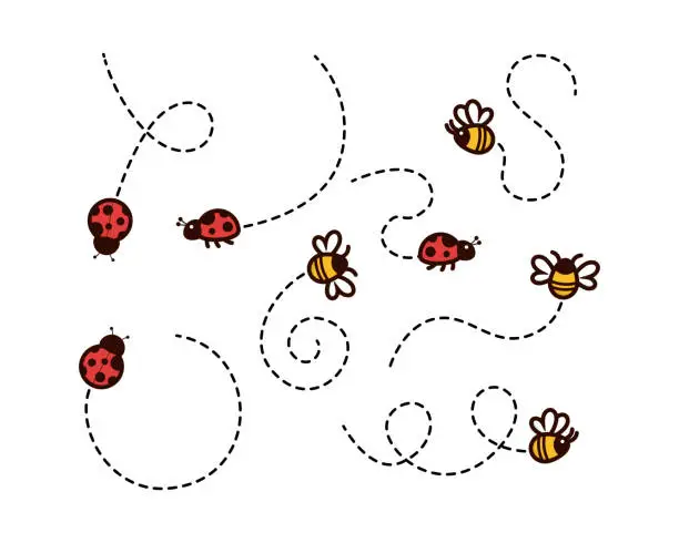 Vector illustration of cute cartoon design of ladybugs and honeybees with a trail behind them