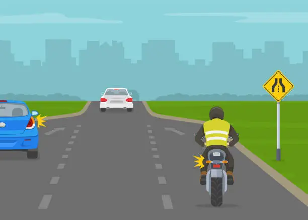 Vector illustration of Traffic regulation tips and rules. American single-transition traffic sign. Back view of a car and motorcycle rider merging on highway. Vector illustration template.