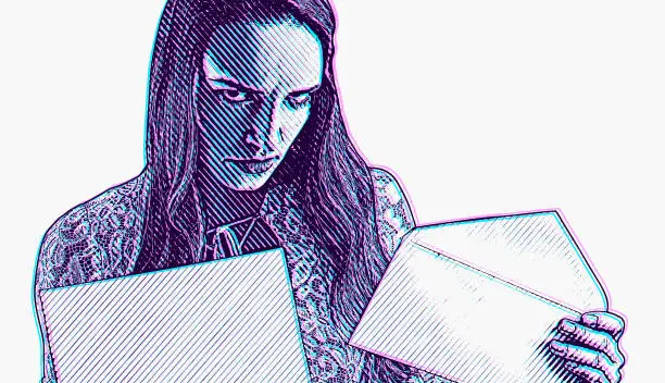 Vector illustration of Woman with frustrated facial expression holding overdue financial bills with Glitch Technique