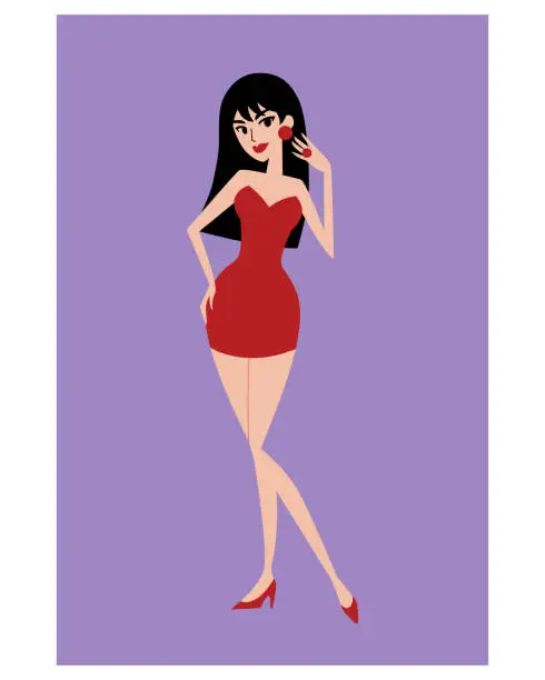 Vector illustration of Cartoon female character posing with long black hair in a red dress.