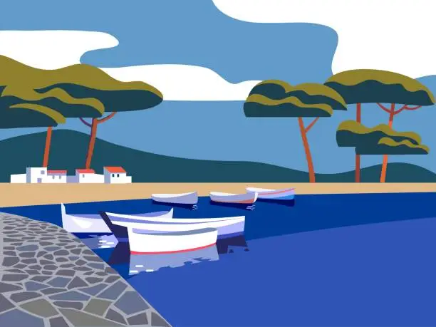 Vector illustration of mediterranean seascape with white boats