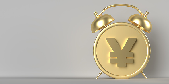 Financial winning or value concept. 3D rendered gold color alarm clock with Japanese Yen currency symbol. On white background with large copy space. Thanks to the clipping path feature, you can easily change the background or delete it completely.