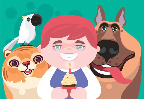 Vector illustration of little boy holding cupcake with pets