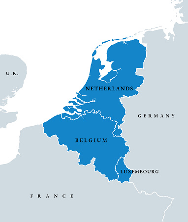 Benelux Union countries, political map. Members of the politico-economic union and formal international intergovernmental cooperation of the European states Belgium, the Netherlands, and Luxembourg.
