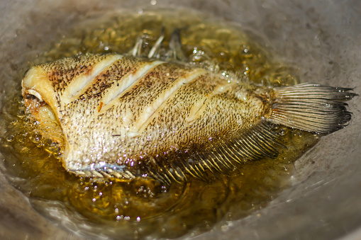 Pictures Fish fried in kitchen with concept prepare food.