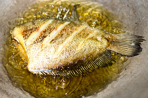 Pictures Fish fried in kitchen with concept prepare food.