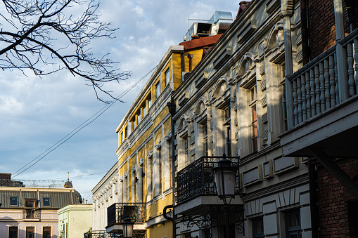 Old Tbilisi traditional wooden balconies in winter season