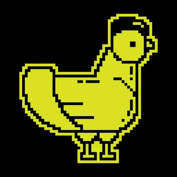 Vector illustration of Pixel icon. Home chicken. Farm bird laying eggs. Simple black and yellow vector isolated on black background