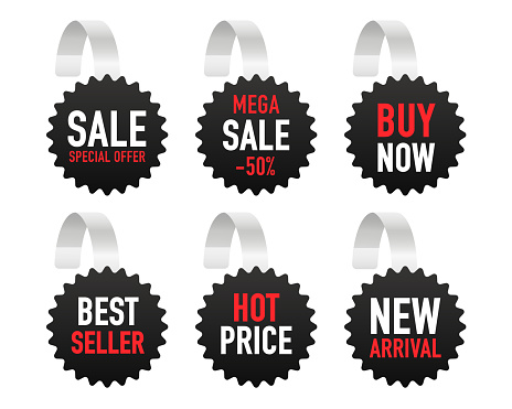 Advertising wobbler labels. Realistic wobblers for sale with discount sale and special offer price tag. Supermarket promotional wobblers isolated on white background. Vector illustration