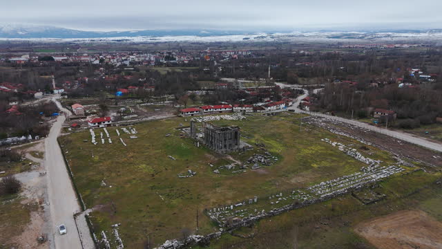 Aerial view of the ancient city of Aizanoi, aerial view of the Temple of Zeus in the ancient city of Aizanoi, Aizanoi Ancient City in Kütahya Çavdarhisar, Popular tourist destinations in Turkey