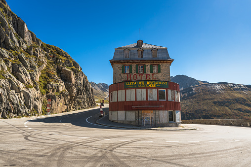 Obergoms, Canton of Valais, Switzerland - September 26, 2023. Legendary hotel Belvedere on Furka Pass