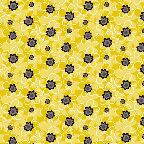 Vector illustration of Hand drawn flowers on a yellow background. Seamless pattern with floral pattern for fabric, textile, clothing, wrapping paper, cover.