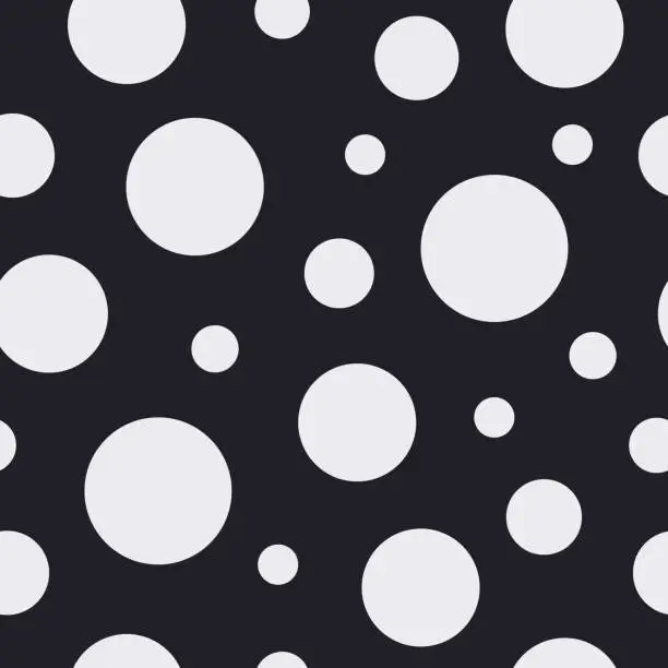 Vector illustration of Abstract seamless polka dot background. White circles on a black background. Design of fabric, packaging, cover.