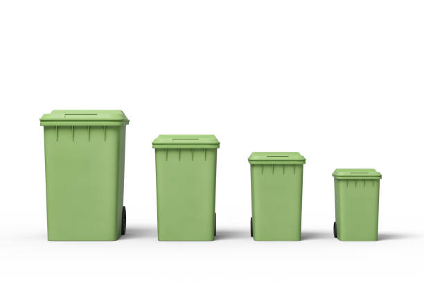istock 3d rendering of four green trash cans in a row according to size from biggest to smallest. 2093192042
