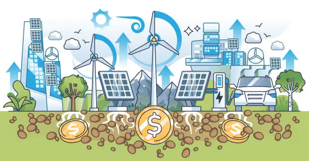 Vector illustration of Renewable energy investments and sustainable power business outline concept