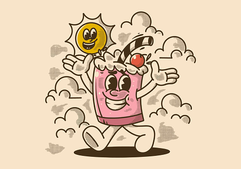 Cute mascot character illustration of a walking ice cream float and a sun