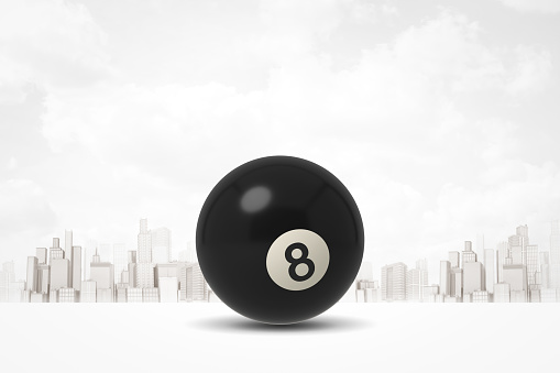 3d rendering of black pool and billiardl ball on white city skyscrapers background. Objects and materials. Games and sports. Sporting goods.