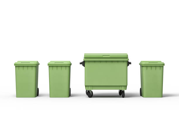 istock 3d rendering of four green trash cans standing in row 2093222358
