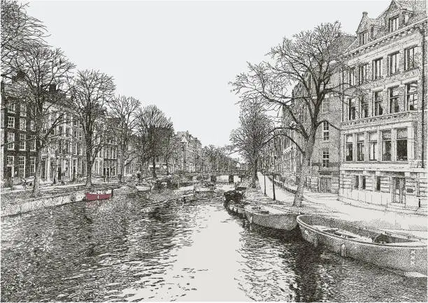 Vector illustration of Amsterdam Canal Scene