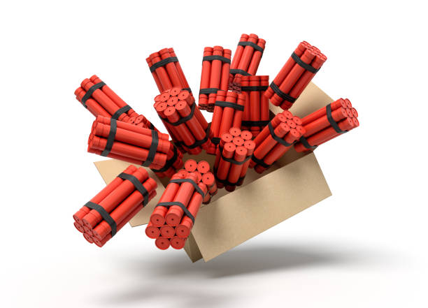 3d rendering of cardboard box full of dynamite bundles in mid-air. Explosive supplies. Dangerous cargo. Plotting terrorist attack.