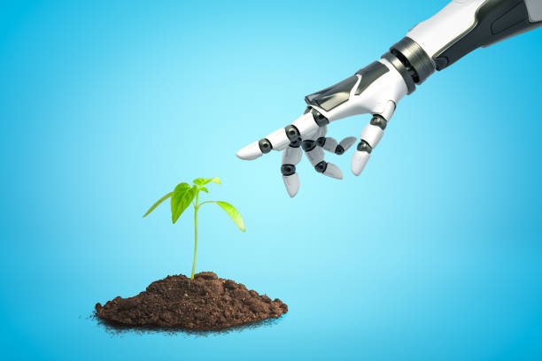 istock Robotic hand reaching to new green sprout on blue background 2093224945