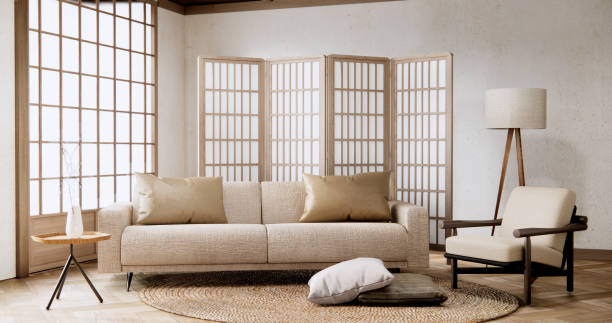 istock Interior mock up with sofa in japanese living room with empty wall. 2093243291