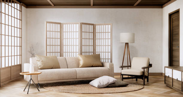 istock Interior mock up with sofa in japanese living room with empty wall. 2093243292