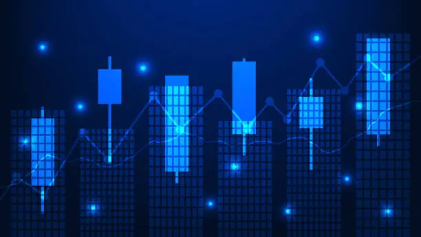 Vector illustration of economy growth and finance concept. stock market graph with bar chart on blue background