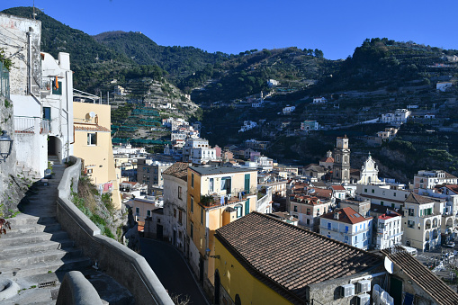 View of a village in the mountains of the coast in Salerno province.