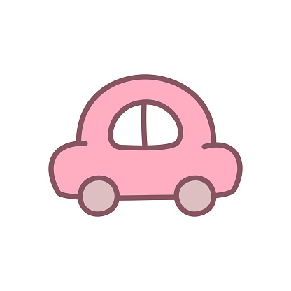 Hand drawn illustration of a red automobile isolated on a white background. Kawaii sticker. Vector 10 EPS.