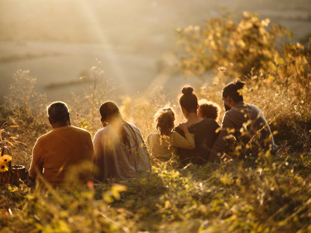 istock Back view of black multi-generation family relaxing in grass on a hill. 2093281825